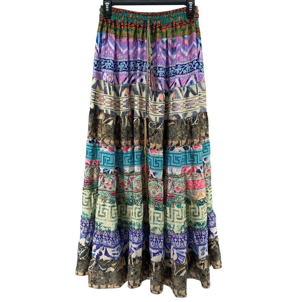 Vintage Saree Silk Patchwork Tiered Maxi Skirt Boho Tassel Drawstring Multicolor
